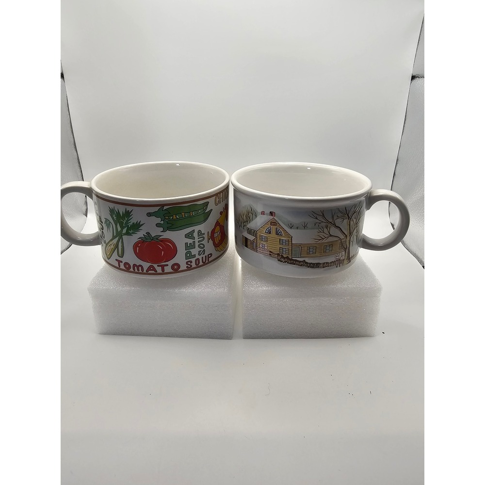 Vintage Ceramic Soup Mugs Lot of 2 Vegetable Medley and Winter Farm Scene Crocks